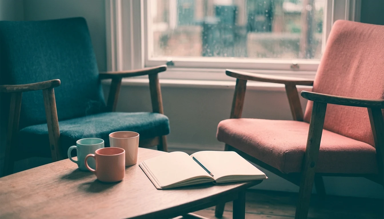 Two chairs angled toward one another beside coffee and an open notebook