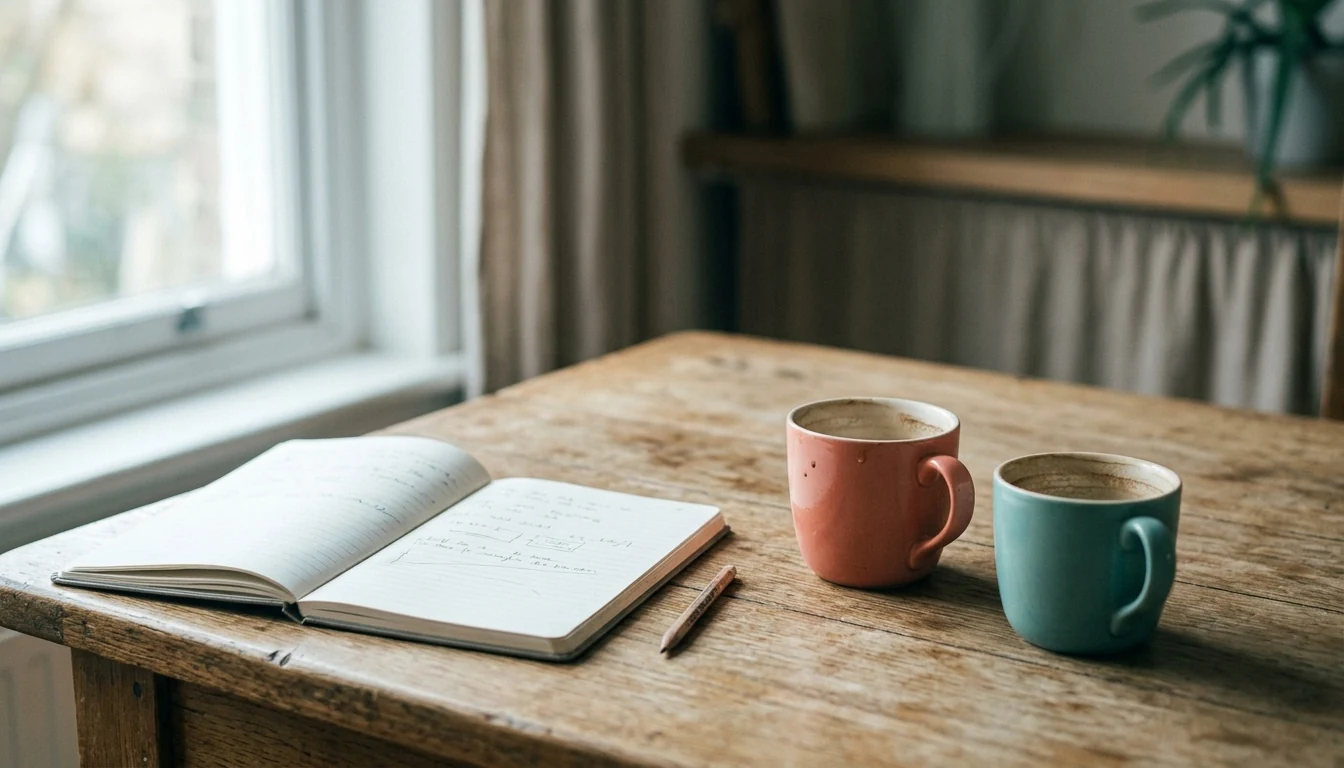 An open notebook beside two coffee cups and a pencil on a quiet kitchen table