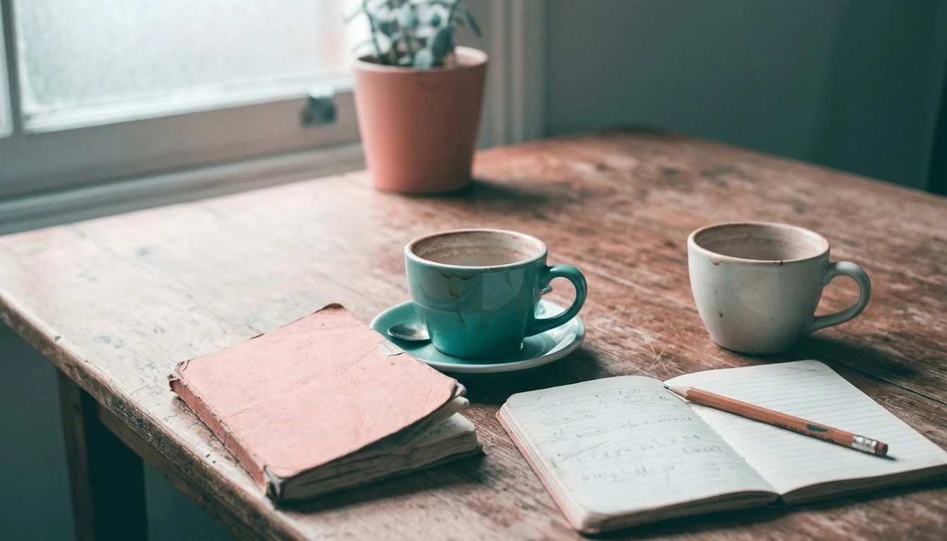 A notebook, pencil and two coffee cups suggesting a quiet conversation