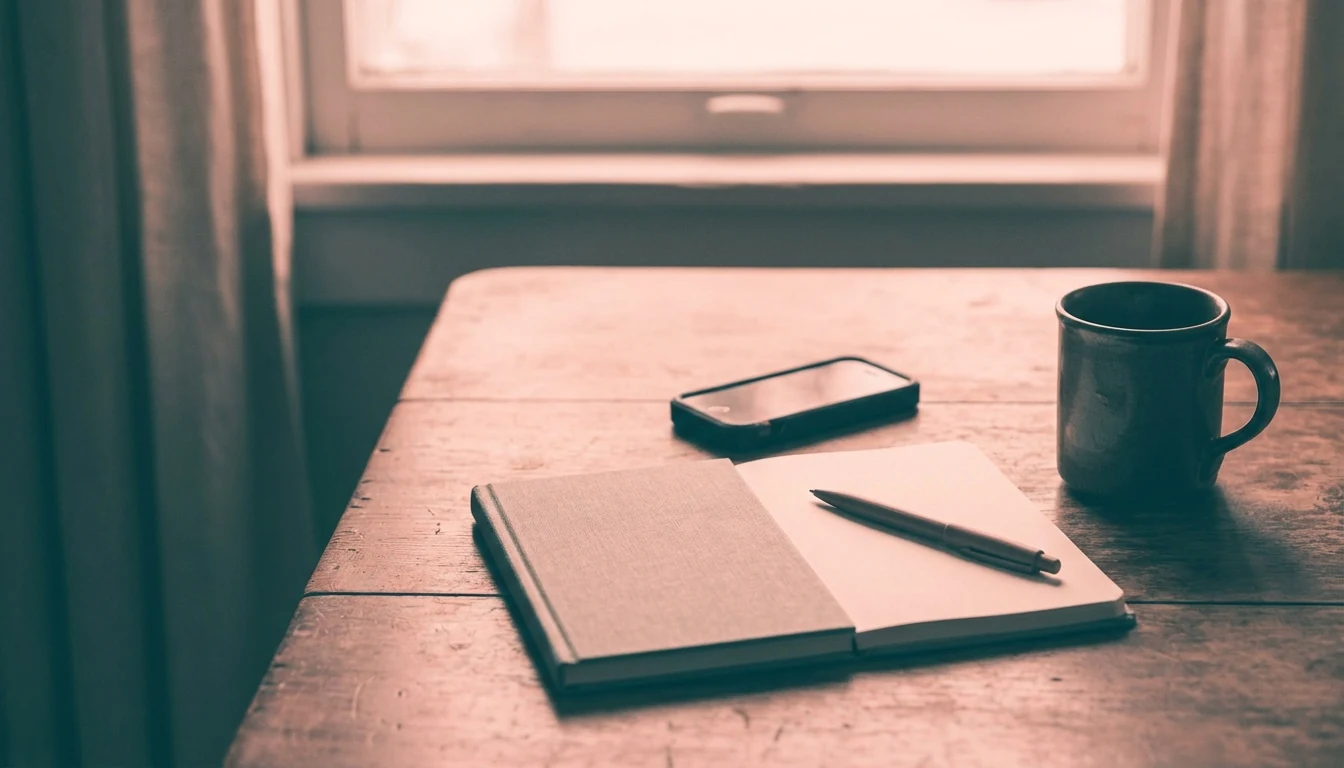 A blank notebook beside a phone and coffee on a quiet table