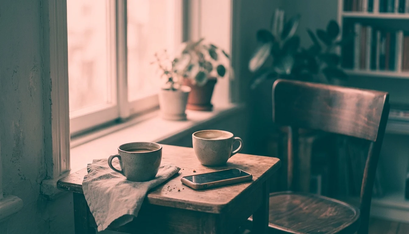 Two coffee cups and a phone set aside on a quiet table in soft morning light