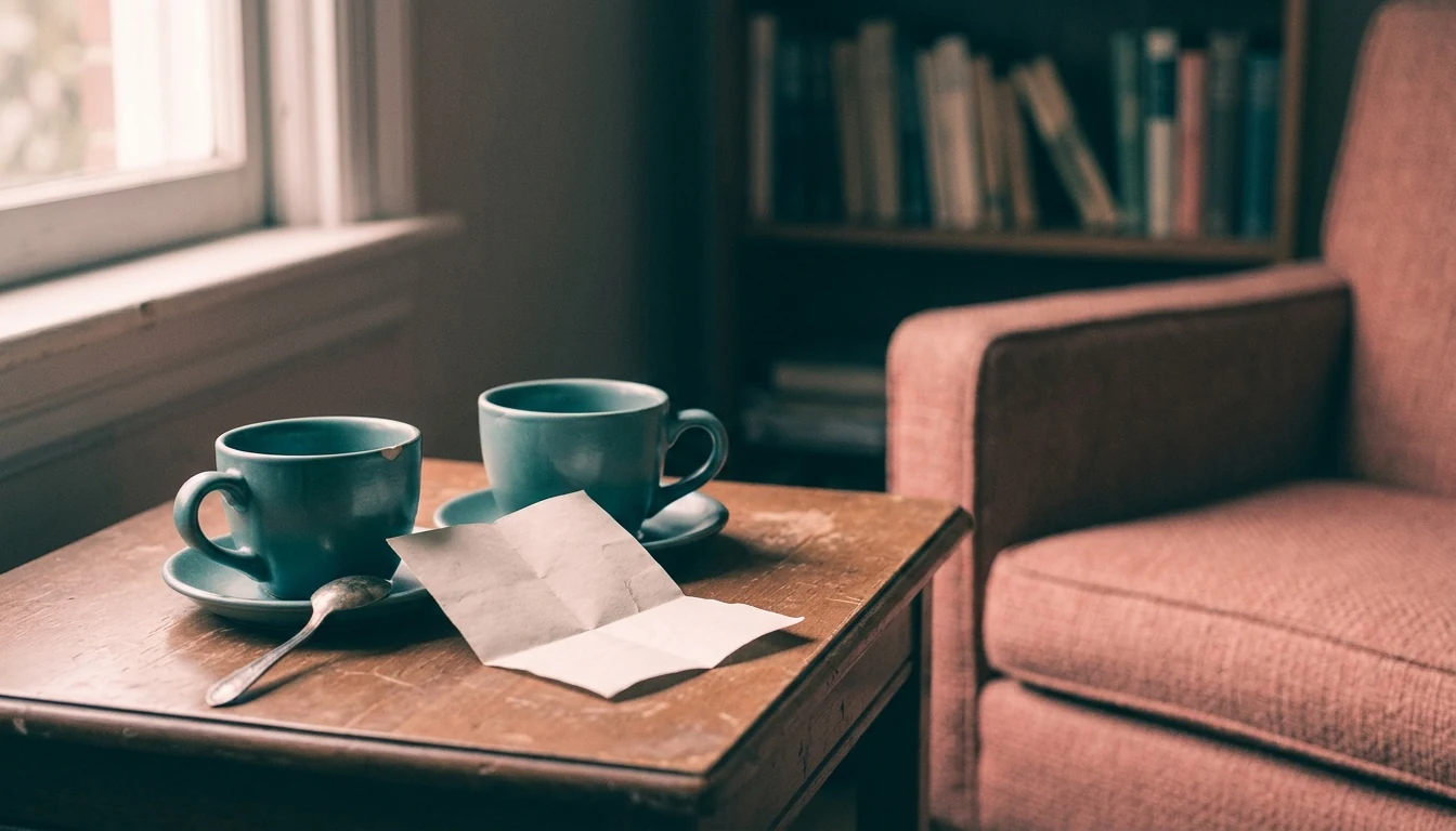 Two coffee cups close together on a small table in calm domestic light