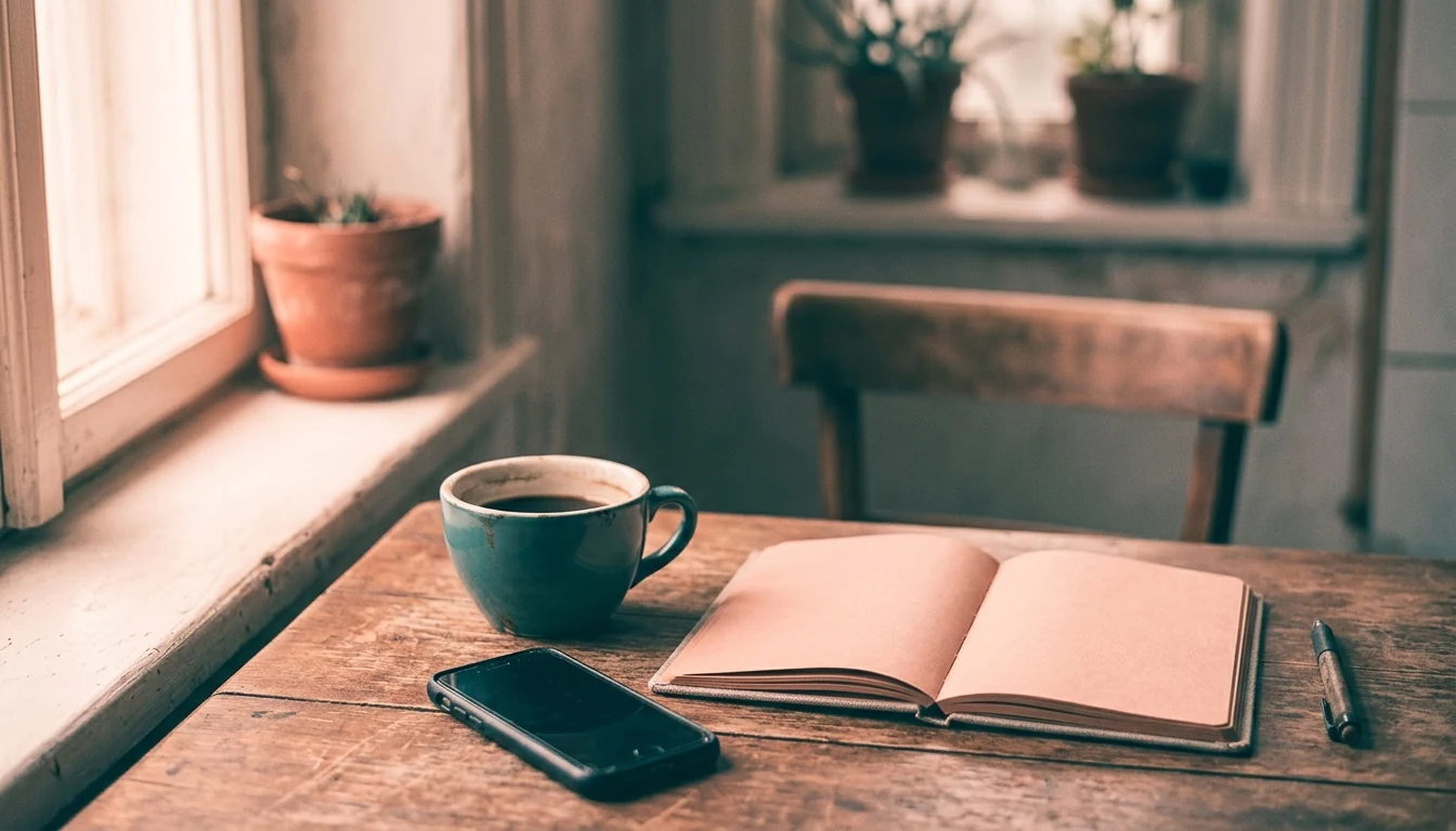 A coffee cup and phone beside a blank notebook with a second chair out of focus