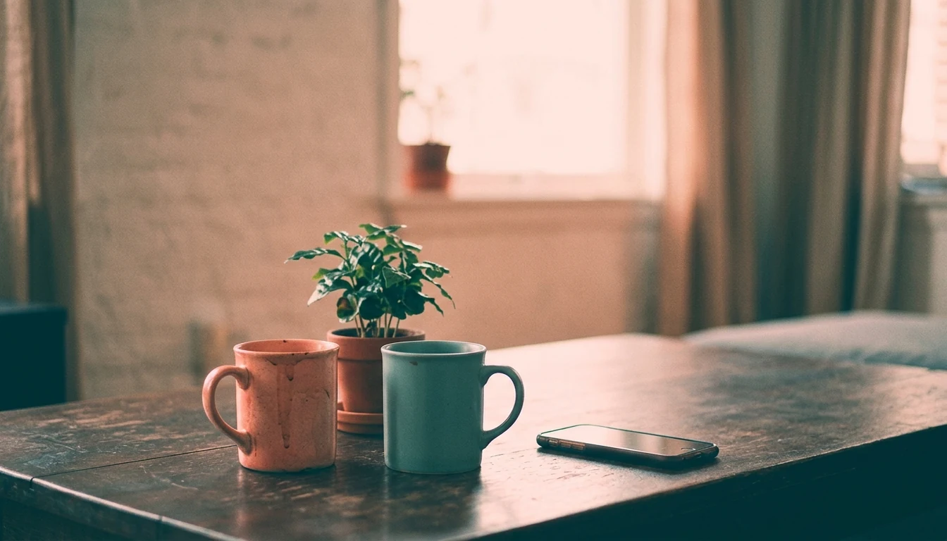 Two mugs and a small plant on a shared table with a phone set aside