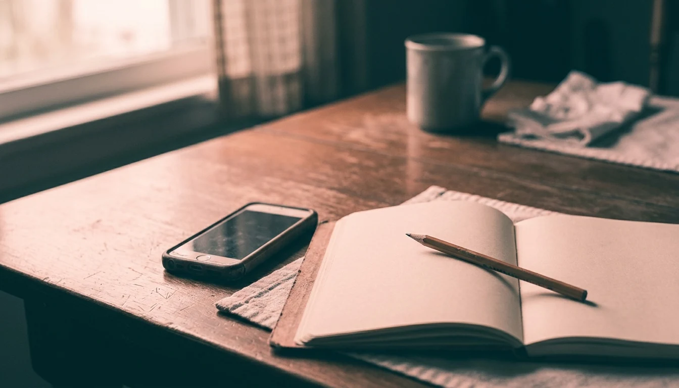 A phone and pencil beside an open blank notebook in soft window light