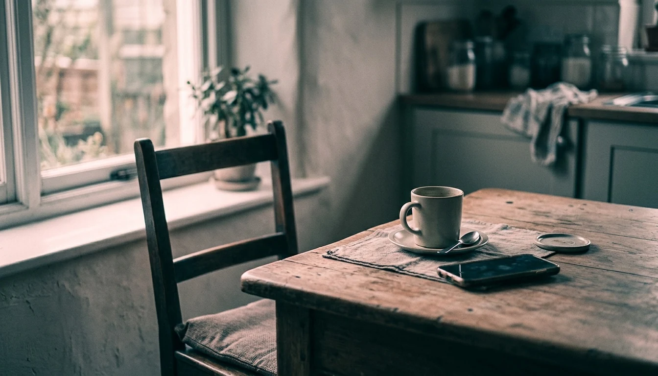 An empty chair and phone beside an untouched coffee in gentle morning light
