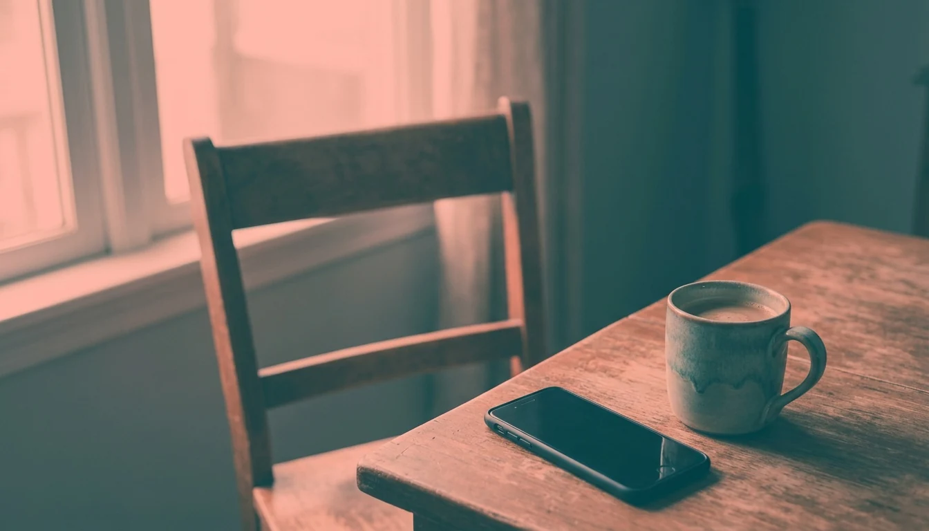 A phone set down beside cooling coffee and an empty chair in quiet morning light